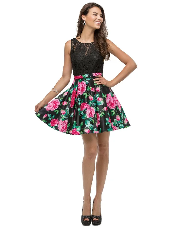 Daily DealsDancing Queen 9517 Short Floral Print Illusion A-Line Dress - 1 pc Black/Multi Print In Size 3XL Available