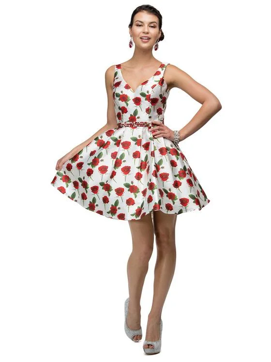 Back - to - School SaleDancing Queen V-Neck Floral Dress in Rose Print 9443