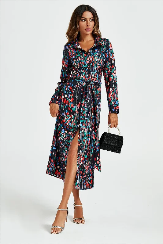 50% OffAbstract Floral Print Shirt Midi Wrap Dress In Black