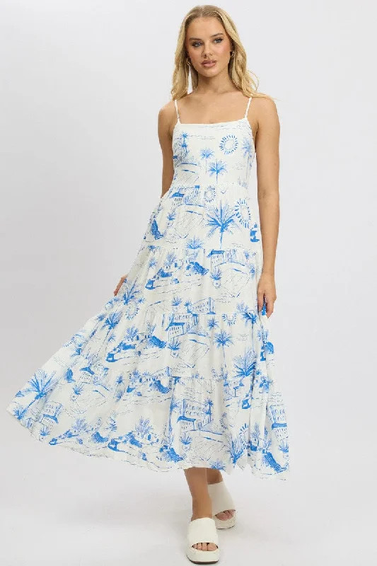 Price CutBlue Abstract Maxi Dress Tiered Strappy