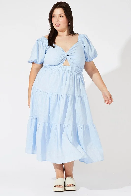 Labor Day SaleBlue Midi Dress Short Sleeve Tiered Cotton