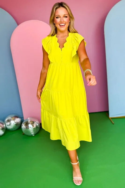 Renew Your Look SaleChartreuse V Scallop Neck Ruffle Short Sleeve Tiered Midi Dress