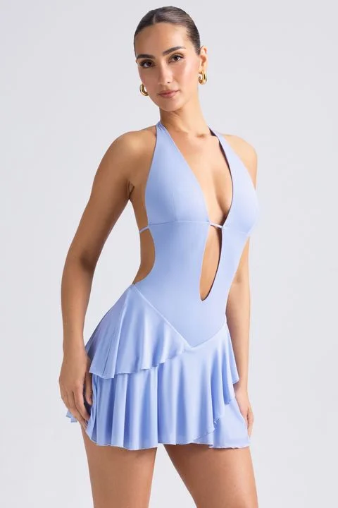 Overstock SaleRuffled Cut-Out Halterneck Mini Dress in Periwinkle Blue