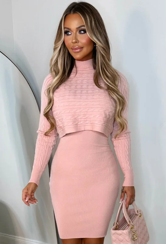 Stock - Up SaleCosy In Cable Pink Ultra Soft Knitted 2-In-1 Jumper And Midi Dress