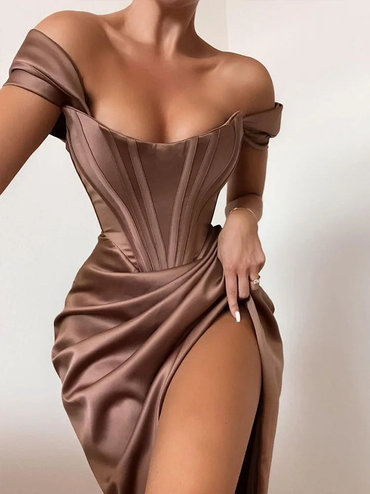 Weekly DealsStretch Satin High Split Off Shoulder Sexy Party Summer With Fishbone Midi Dress