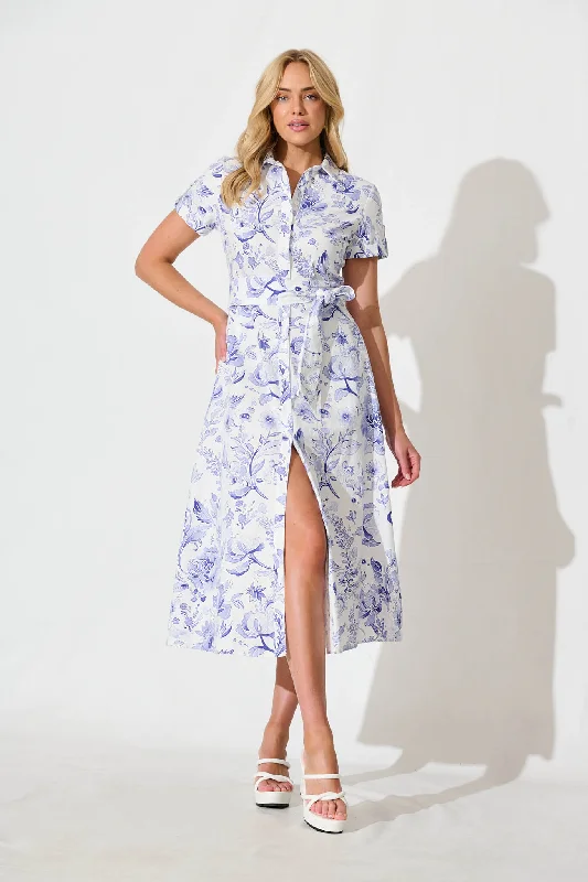 Free Gift with PurchaseDelphi Midi Shirt Dress in White with Blue Floral Cotton