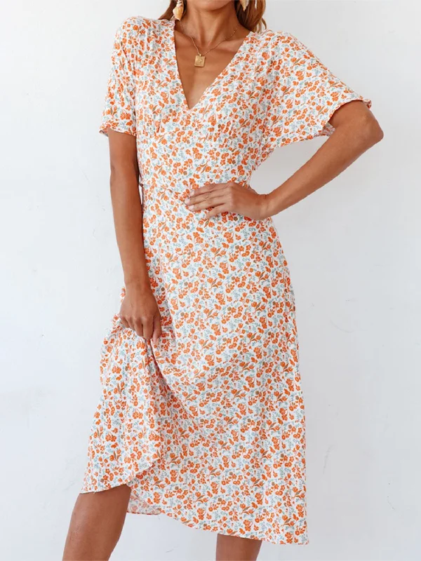 Budget - FriendlyDitsy Floral V-Neck Short Sleeve Midi Dress