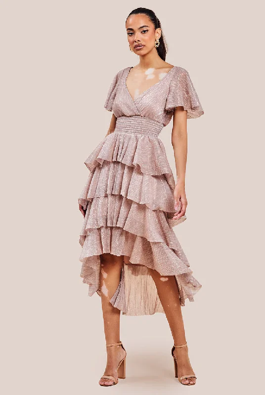 Summer SaleGoddiva Crinkle Lurex High Low Layered Midi Dress - Blush