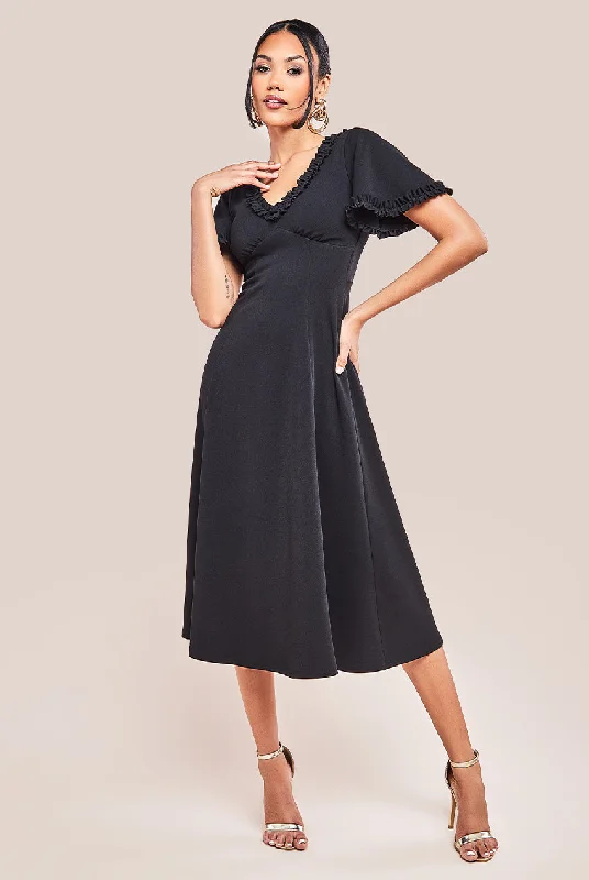 Renew Your Look SaleGoddiva Flare Sleeve Frill Edge Midi Dress - Black