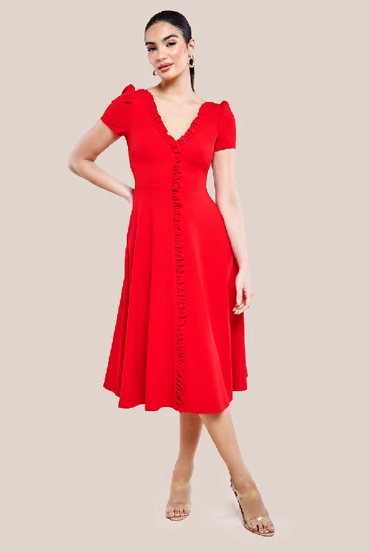 Sale Prices May VaryGoddiva Front Frill Flared Scuba Midi Dress - Red