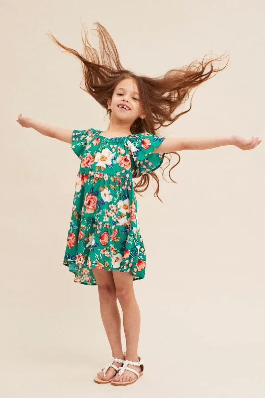 VIP SaleGreen Floral Kids Short Sleeve Midi Dress