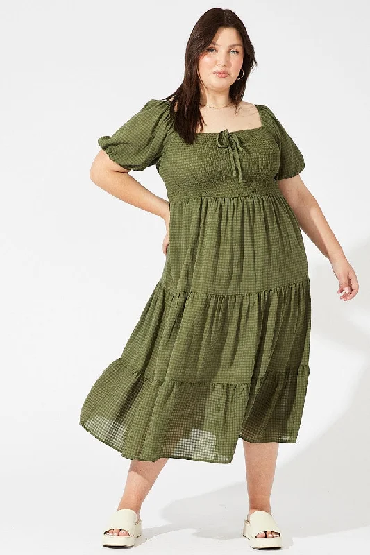 Group Buy DiscountGreen Midi Dress Short Sleeve Shirred