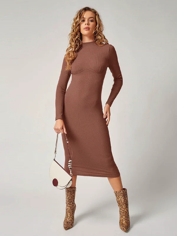 Blowout SaleHot Girl Kailani Knit Mock Neck Long Sleeve Midi Dress In Brown