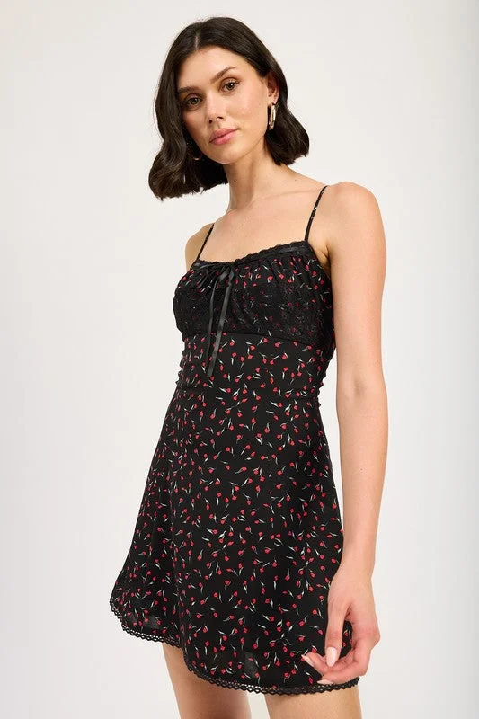 Money - Back GuaranteeHot Girl Blossom Lace Trim Floral Slip Mini Dress In Black