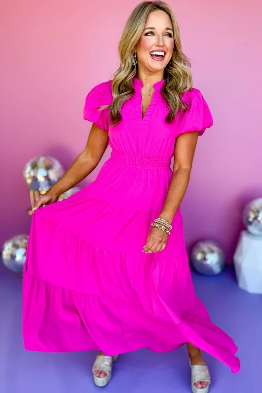 Bargain HuntMagenta Split Neck Puff Short Sleeve Tiered Midi Dress