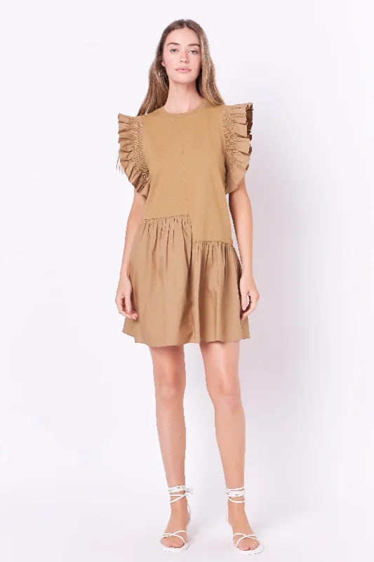 Economical ChoiceMixed Media Ruffle Detail Mini Dress