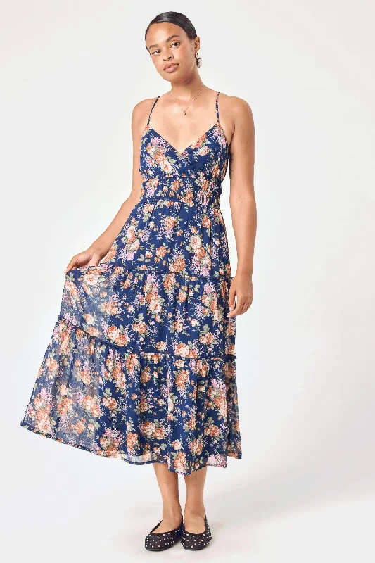 Liquidation SaleNavy Floral Tiered Midi Dress