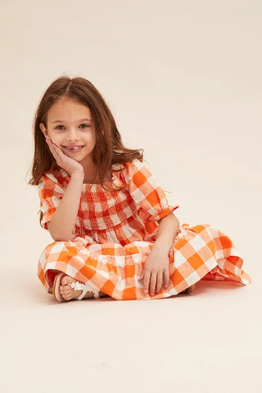 Clearance SaleOrange Check Kids Midi Dress Short Sleeve Square Neck