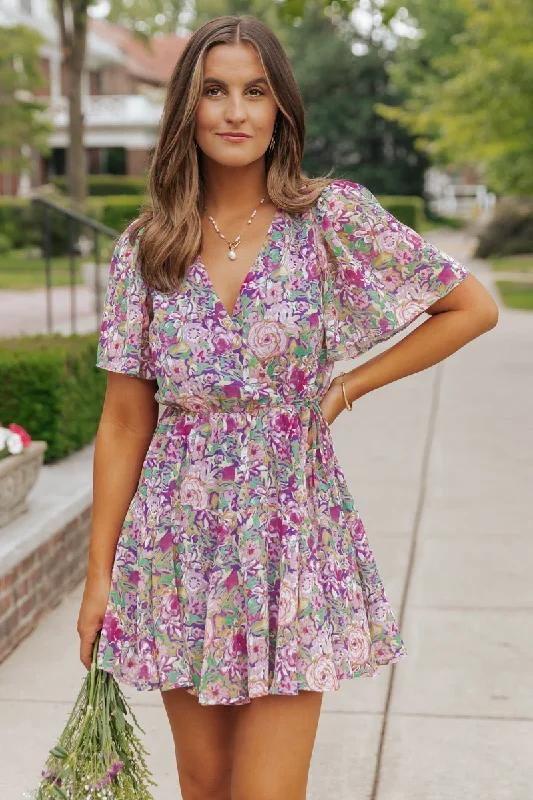 Last Chance SalePurple Floral Print Surplice Mini Dress - FINAL SALE