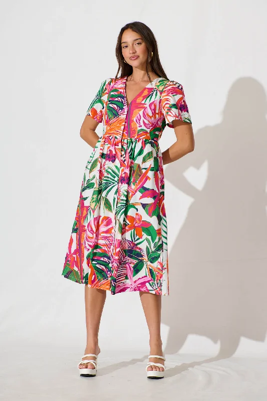 Sale EventRiello Midi Smock Dress in White with Multi Tropical Cotton