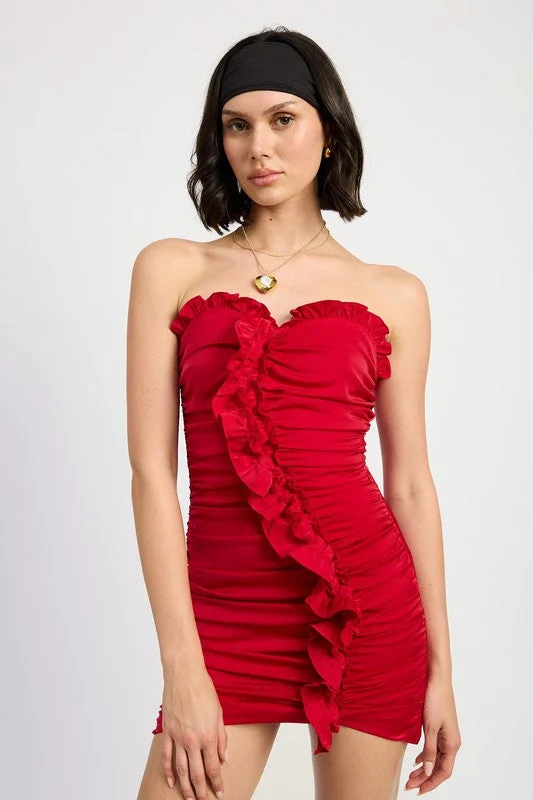 Outlet SaleHot Girl Red Redemption Ruched Ruffle Mini Dress