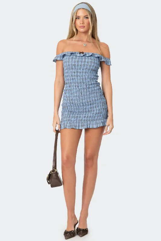 Price SlashOff Shoulder Scrunched Plaid Mini Dress