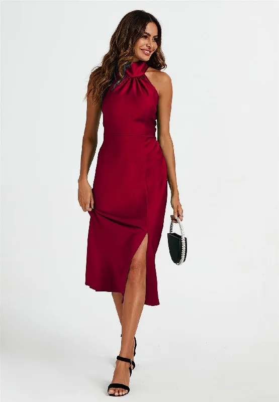 End - of - Season SaleSatin Halter Neck Tie Back Midi Dress In Red