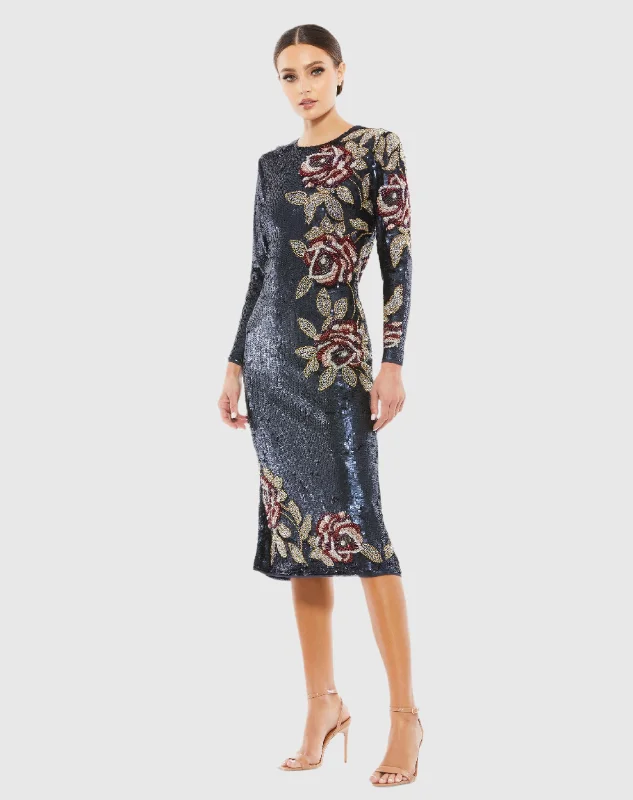 Loyalty ProgramSequined Asymmetrical Floral Long Sleeve Midi Dress