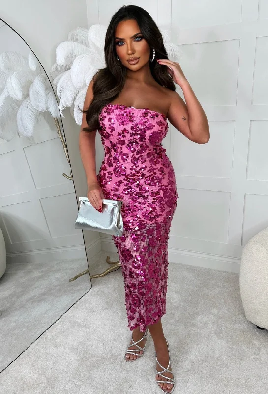 Budget - FriendlySteal The Attention Pink Sequin And Mesh Bandeau Midi Dress