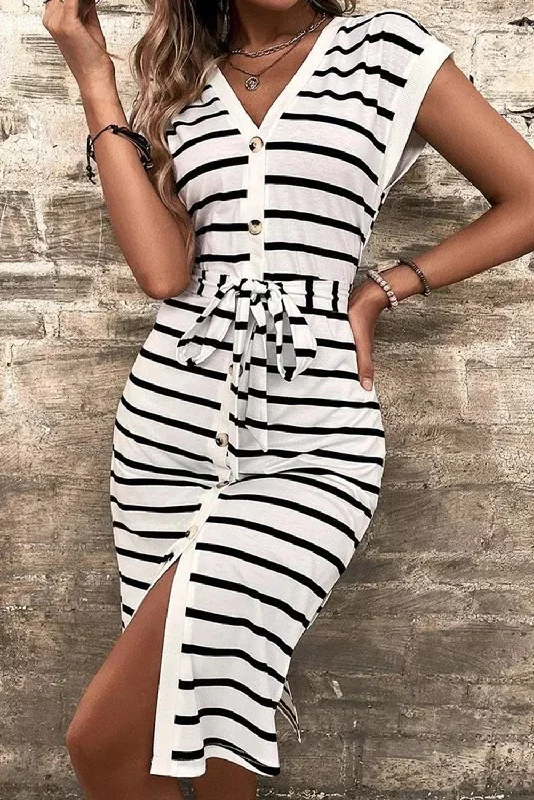 Overstock SaleStriped Button Slit Tie V-Neck Midi Dress