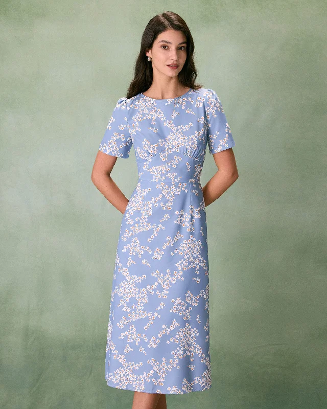 Free Gift with PurchaseThe Blue Round Neck Floral Midi Dress