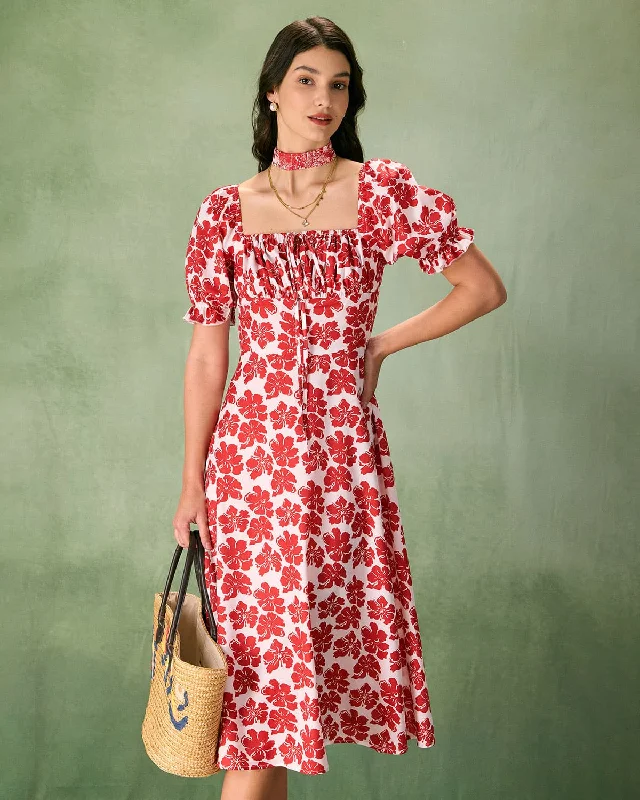 Free ShippingThe Red Square Neck Floral Ruched Midi Dress