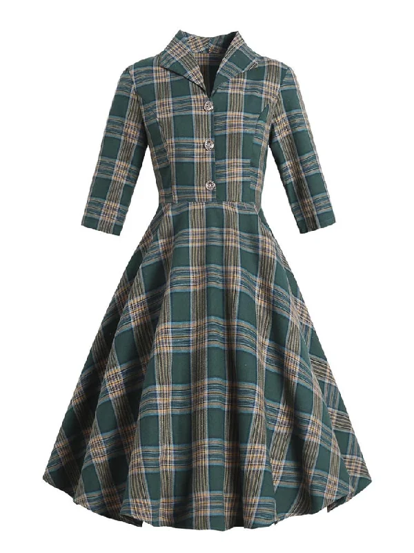 Hidden DiscountBerriesJam - 2024 Tonval Turn-down Collar Button Up Green Plaid Dress