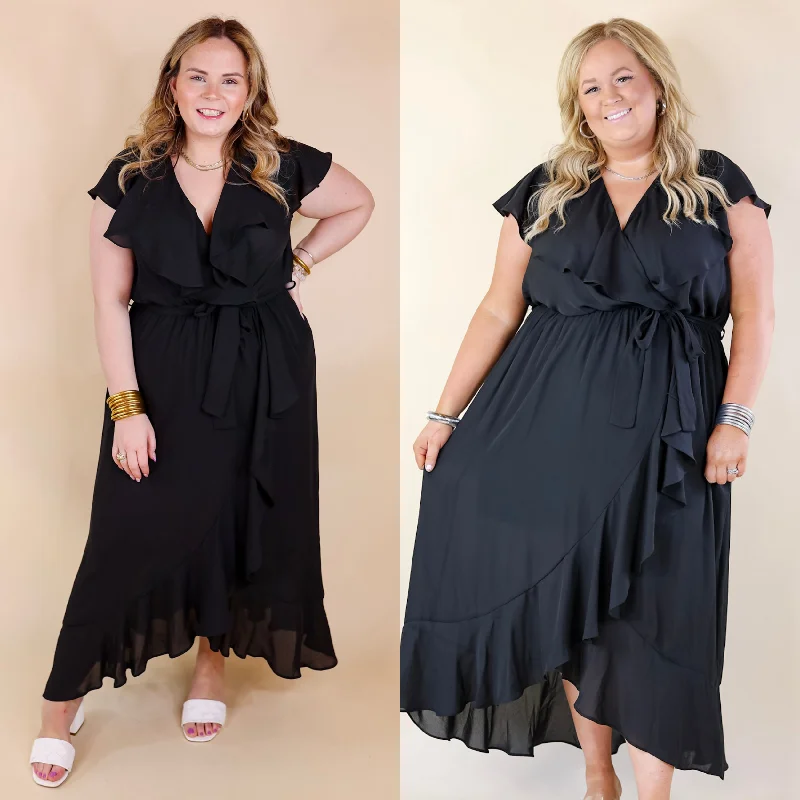 Coupon AvailableTranquil Touch Ruffle Midi Dress with Waist Tie in Black