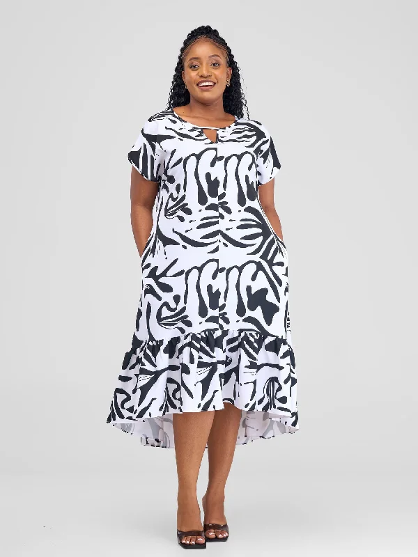 30% DiscountZahari Drop Shoulder High Low Dress - White / Black Zari Print