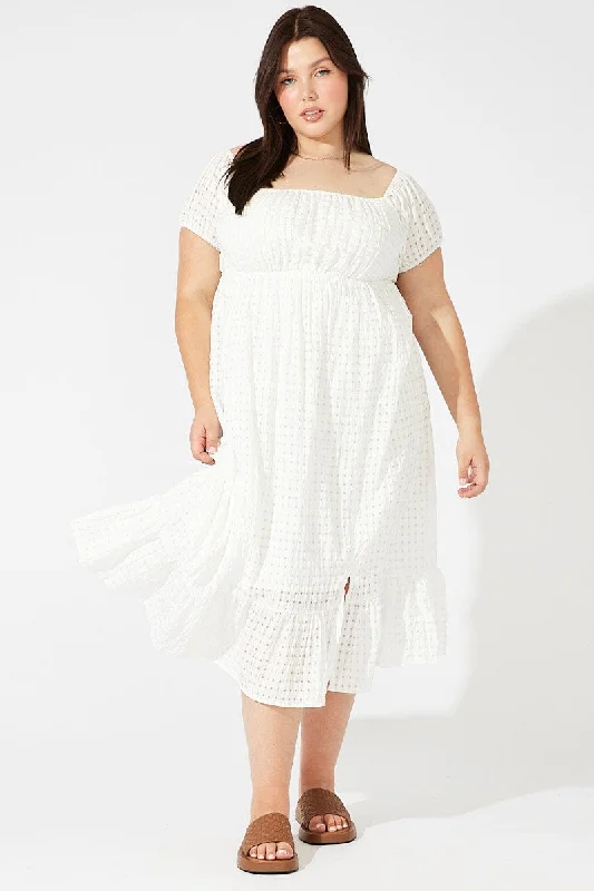 No Returns on Sale ItemsWhite Midi Dress Off Shoulder Check Split Front