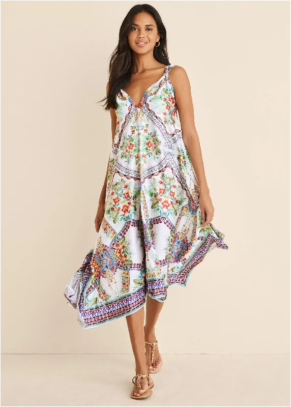 New Year SaleHandkerchief Hem Midi Dress - Tropical Status Border